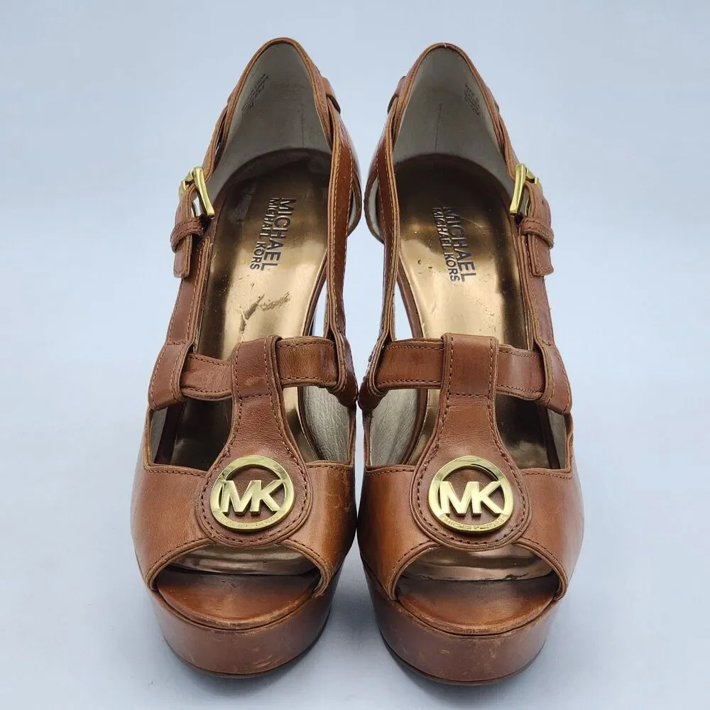 Michael Kors Logo Buckle Leather Peep Toe Platform Heels Brown Gold Size 9.5